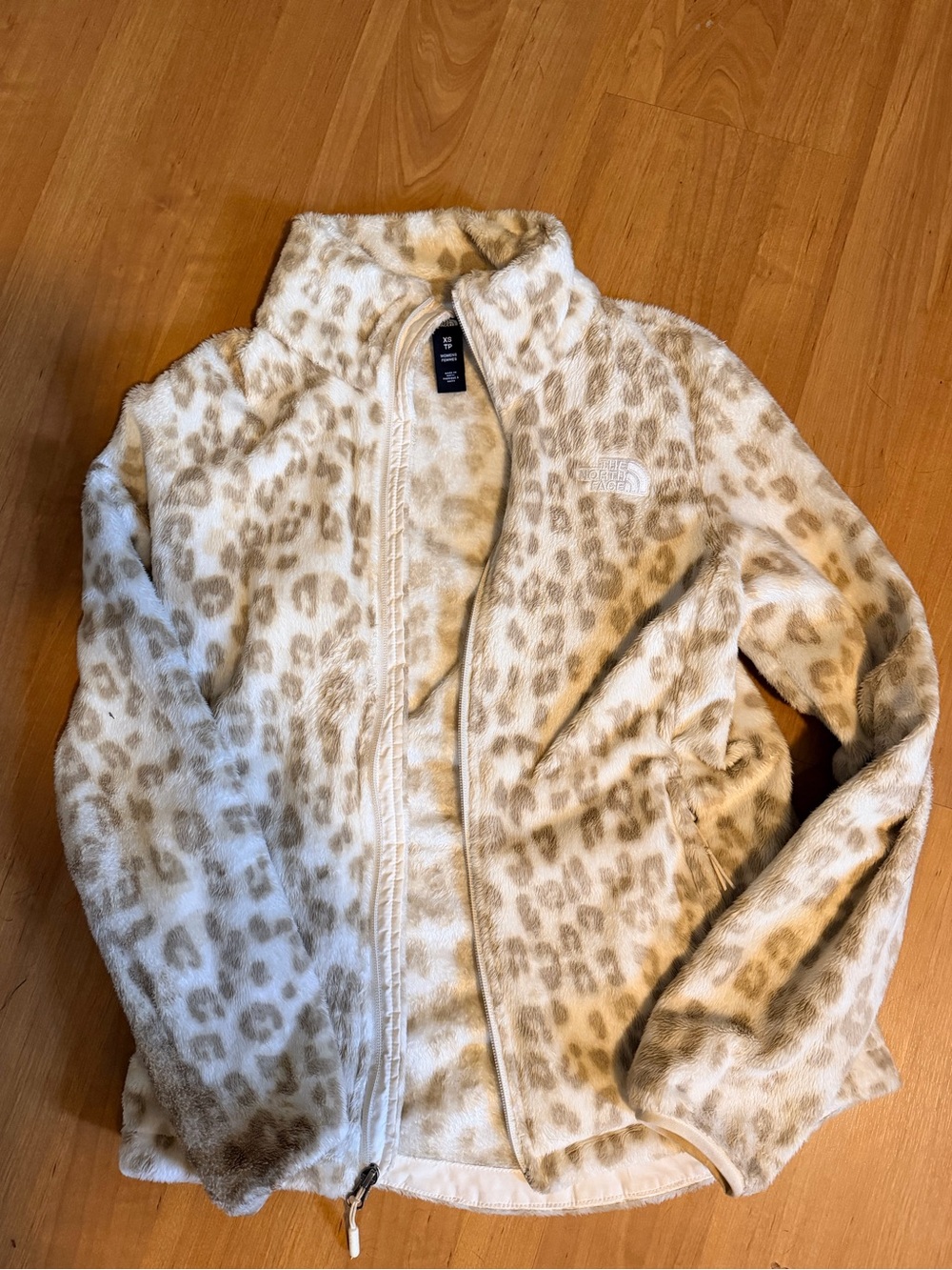 The North Face Cream and Tan Leopard Teddy Fleece Jacket